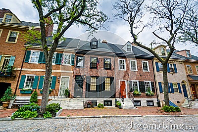 Historic brick row houses on a cobblestone street in Society Hill, Philadelphia, Pennsylvania Editorial Stock Photo