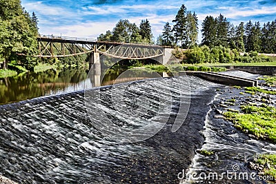 Historic bridge with rafting river Sazava, Czech Republic Stock Photo