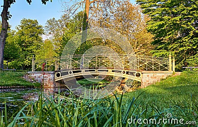 Historic bridge in the Schwerin palace garden. Water landscape Stock Photo