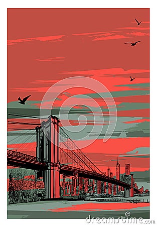 Historic Brooklyn Bridge and lower Manhattan Vector Illustration