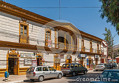 Historic building with restaurants and retail in Vicuna, Chile Editorial Stock Photo