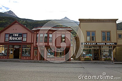 Historic buildings along Broadway Street in Skagway, AK Editorial Stock Photo