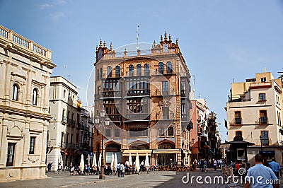 Historic buildings and monuments of Seville, Spain. Architectural details, stone facade Editorial Stock Photo