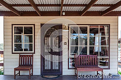 Historic cabin front porch and entrance. Stock Photo