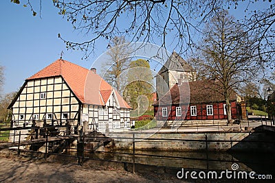 Historic Castle Rheda, medieval main house with framework structures around, Germany Editorial Stock Photo