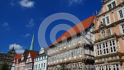 Historic Center of Hameln: colorful painted half-timbered and Renaissance style buildings. Stock Photo