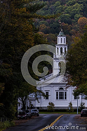 Historic Chapel with Leading Road - Autumn / Fall Colors - Woodstock, Vermont Editorial Stock Photo