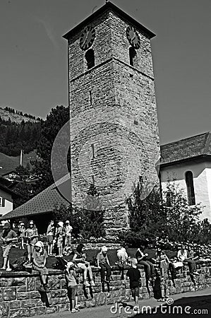 The historic church in Adelboden from the 12. century in the Swiss Alps Editorial Stock Photo