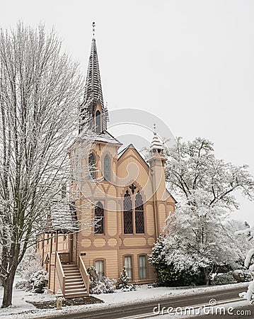Historic church with snow Stock Photo
