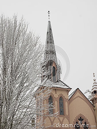 Historic church with snow Stock Photo