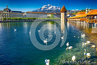 Historic city center of Lucerne with famous Chapel Bridge and Lake Lucerne, Lucerne, Switzerland Stock Photo