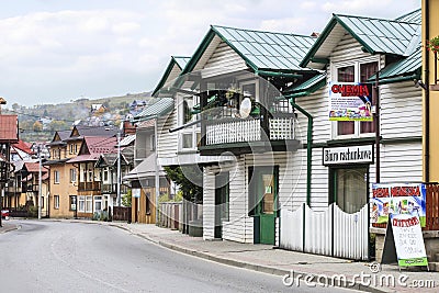 Historic city centre of Szczawnica, XIX century wooden architec Editorial Stock Photo