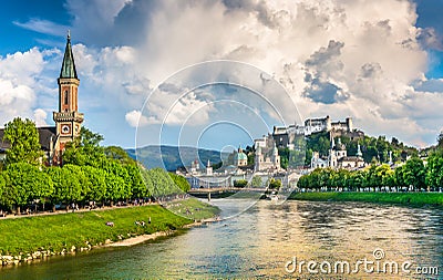 Historic city of Salzburg with dramatic clouds in summer, Austria Stock Photo