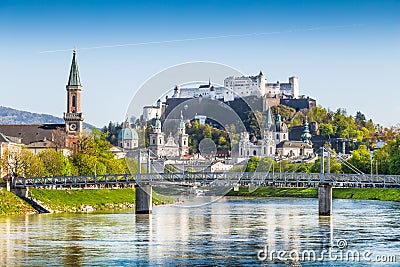 Historic city of Salzburg with Salzach river in springtime, Austria Stock Photo