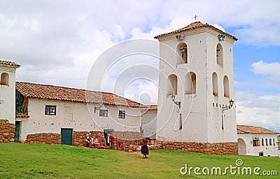 The Historic Colonial Church with the Impressive Bell Tower on Chinchero Village Hilltop, the Sacred Valley of the Inca, Peru Stock Photo