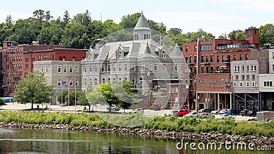 Historic downtown waterfront, view across the Kennebec River, Augusta, ME Editorial Stock Photo