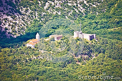 Historic Drivenik fortress and church on the hill in Vinodol valley aerial view Stock Photo