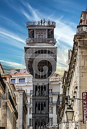 Historic elevator Santa Justa, lift in Lisbon, Portugal. Elevador de Santa Justa Editorial Stock Photo