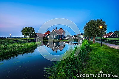 Historic farm houses in the holland village of Zaanse Schans at night Stock Photo