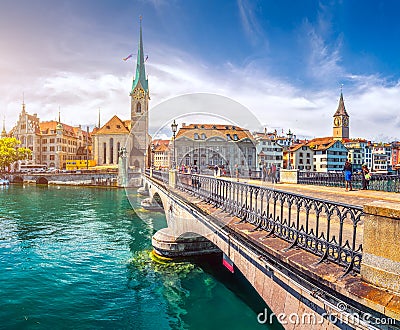 Historic Fraumunster Church and swans on river Limmat, Zurich, Switzerland Editorial Stock Photo