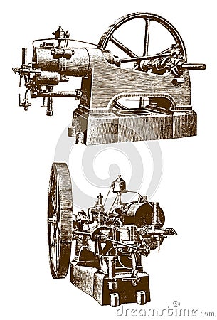 Historical gas engine in side and frontal view Vector Illustration