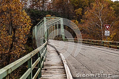 Historic Green Truss Bridge in Autumn - Layton Bridge - Fayette County, Pennsylvania Stock Photo