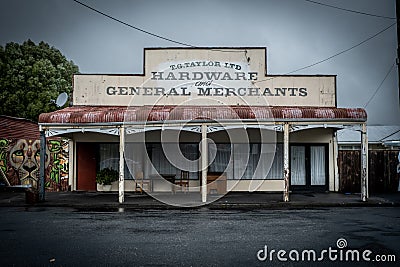 A historic hardware and general merchants building in the small town of Mangaweka in New Zealand Editorial Stock Photo