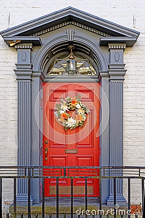 historic home in Stockade Historic District with Autumn seasonal wreath Stock Photo