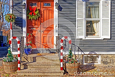 historic home in Stockade Historic District decorated for Christmas or Winter holiday season Stock Photo