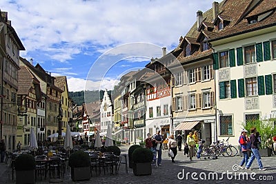Stein am Rhein, Historic Houses around the Medieval Square in front of the Town Hall, Canton Schaffhausen, Switzerland Editorial Stock Photo