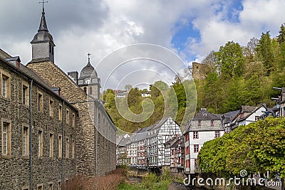 Houses along the Rur river, Monschau, Germany Stock Photo
