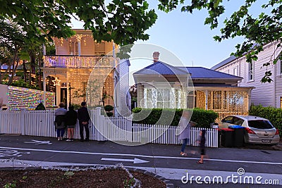 Old New Zealand villa style houses with Christmas lighting, Auckland, NZ Editorial Stock Photo