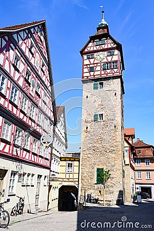 Historic houses, tower of city wall - Josenturm - in Schwabisch Hall, Germany Stock Photo