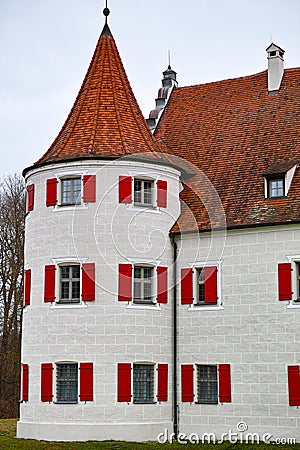 Historic hunting lodge white red colors of, building in Germany Stock Photo