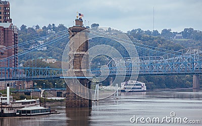 Historic John Roebling Suspension Bridge in Cincinnati, Ohio Stock Photo