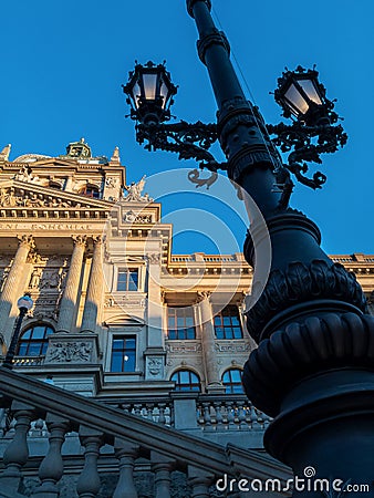 Historic lantern in front of historical building of national museum in Prague Stock Photo