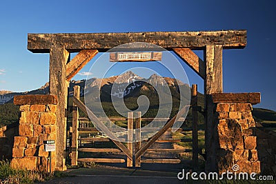 Historic Last Dollar Ranch gate, Hastings Mesa, Route 58p, near Ridgway, Colorado, USA Stock Photo