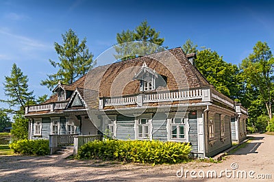 Historic manor house situated in Palace Park dating from 1845, the oldest building in Bialowieza town, Poland. Stock Photo