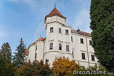 Historic Medieval Konopiste castle residence of Habsburg imperial family, white tower and park of romantic gothic baroque Chateau Editorial Stock Photo