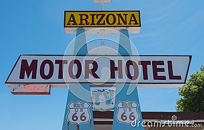 Historic motel sign on Route 66 in Arizona Editorial Stock Photo