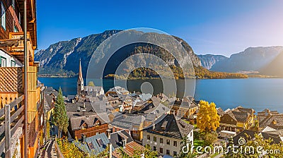 Historic mountain village of Hallstatt with lake in fall, Austria Editorial Stock Photo