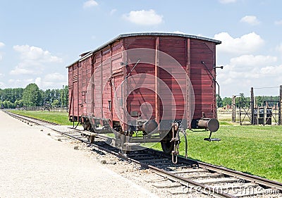 Old transport train wagon, Auschwitz-Birkenau Concentration Camp Editorial Stock Photo