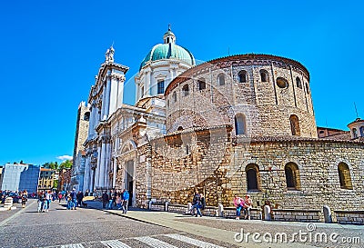 Historic Piazza Paolo VI Piazza del Duomo square with iconic Cathedrals of Brescia, Italy Editorial Stock Photo