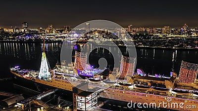 Historic Queen Mary ship at night Editorial Stock Photo