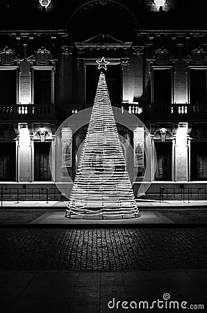 Christmas light tree concept in classic historic region of South America in black and white Stock Photo