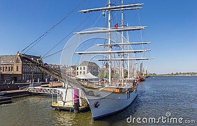 Historic sailing ship on the IJssel river in Kampen Editorial Stock Photo