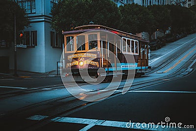 Historic San Francisco Cable Car on famous California Street at twilight, California, USA Editorial Stock Photo