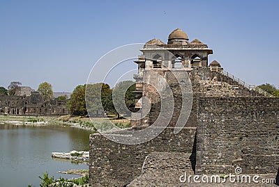 Historic Ship Palace and Lake at Mandav India Stock Photo