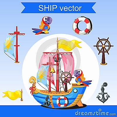 Historic ship, rudder, mast and two parrots Vector Illustration