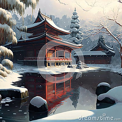 Historic shrine or temple in Japan under snow in winter with reflection in pond. Imaginary location in forest. AI generative image Stock Photo